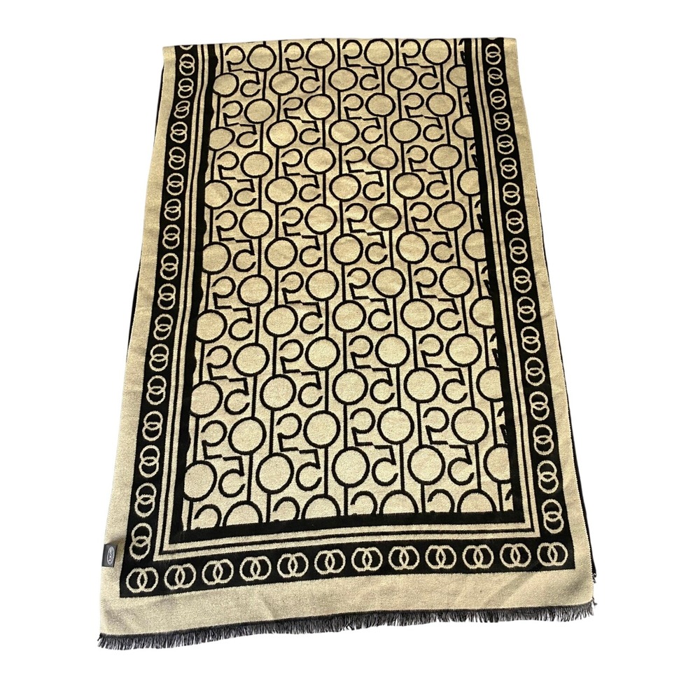 Bloomingdales 100% Exclusive Logo Scarf Black Tan Oversized Wrap Fringe